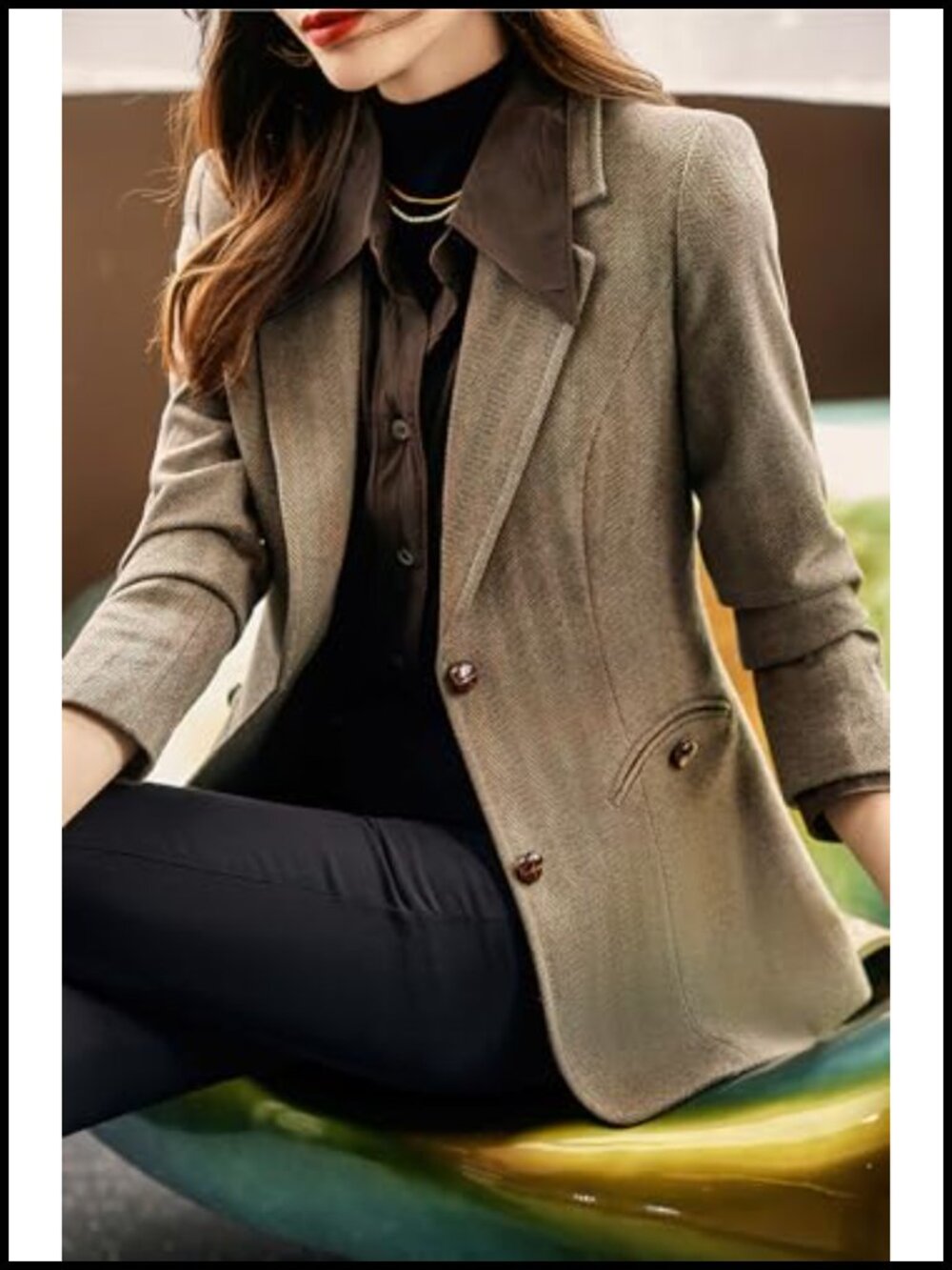 Women's Notched Lapel Plaid Herringbone Blazer Jacket Classic Slim Wool Blend - Picture 4 of 5